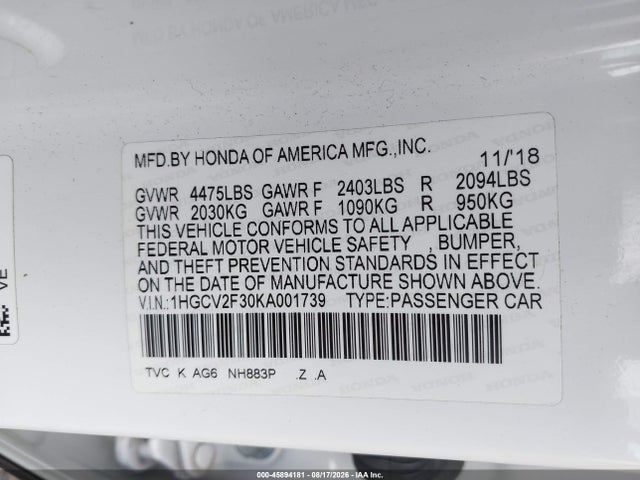 Продаж на аукціоні авто 2019 Honda Accord Sport 2.0t, vin: 1HGCV2F30KA001739, номер лоту: 45894181
