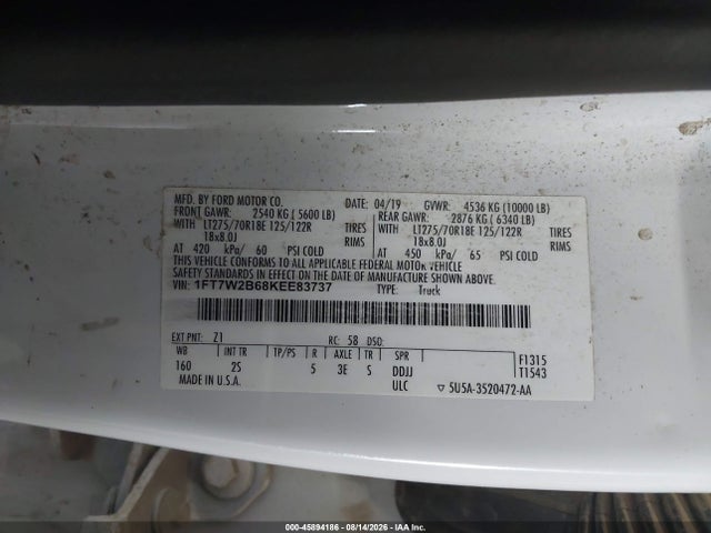 45894186 :رقم المزاد ، 1FT7W2B68KEE83737 vin ، 2019 Ford F-250 Xlt مزاد بيع