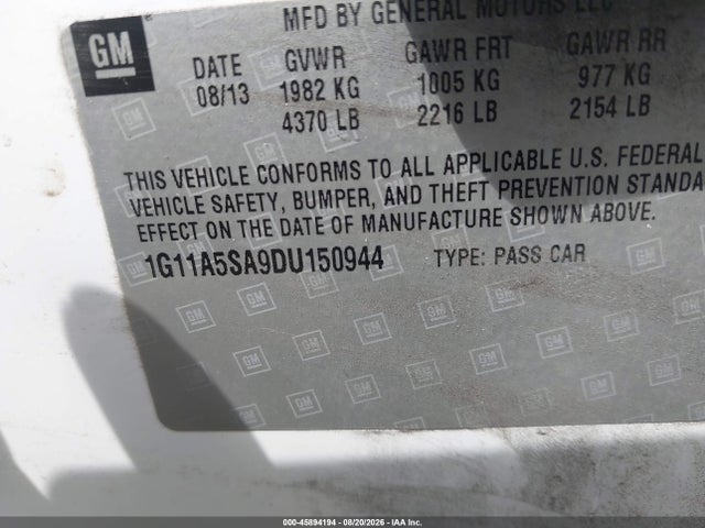 Продажа на аукционе авто 2013 Chevrolet Malibu 1fl, vin: 1G11A5SA9DU150944, номер лота: 45894194