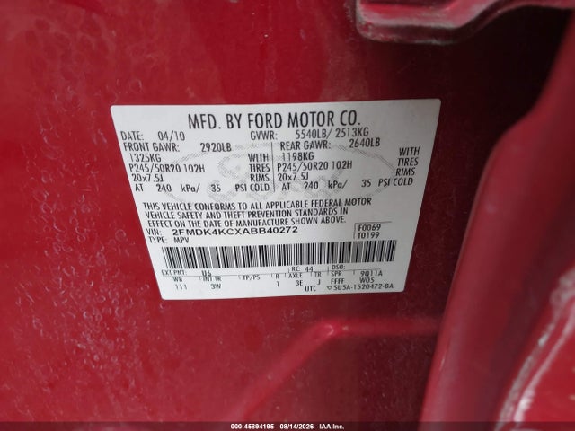 45894195 :رقم المزاد ، 2FMDK4KCXABB40272 vin ، 2010 Ford Edge Limited مزاد بيع
