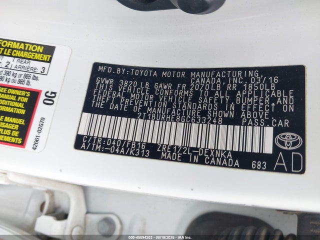 Toyota COROLLA LE 2016 2T1BURHE8GC633248 Image 9