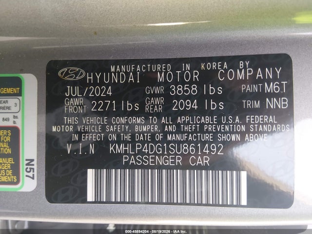 Aukcja sprzedaży 2025 Hyundai Elantra Limited, vin: KMHLP4DG1SU861492, numer aukcji: 45894204
