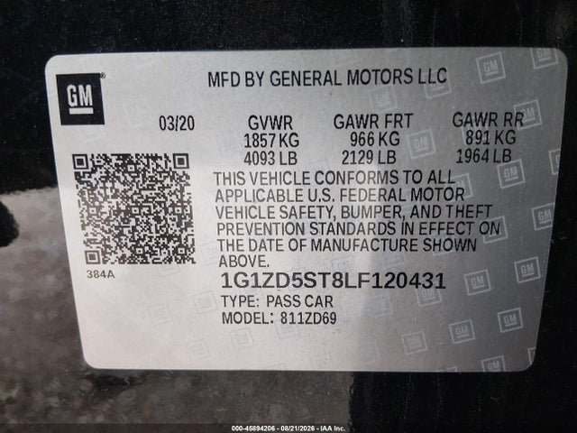 Продаж на аукціоні авто 2020 Chevrolet Malibu Fwd Lt, vin: 1G1ZD5ST8LF120431, номер лоту: 45894206
