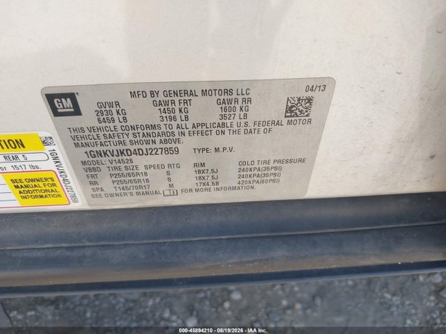 Aukcja sprzedaży 2013 Chevrolet Traverse Lt, vin: 1GNKVJKD4DJ227859, numer aukcji: 45894210