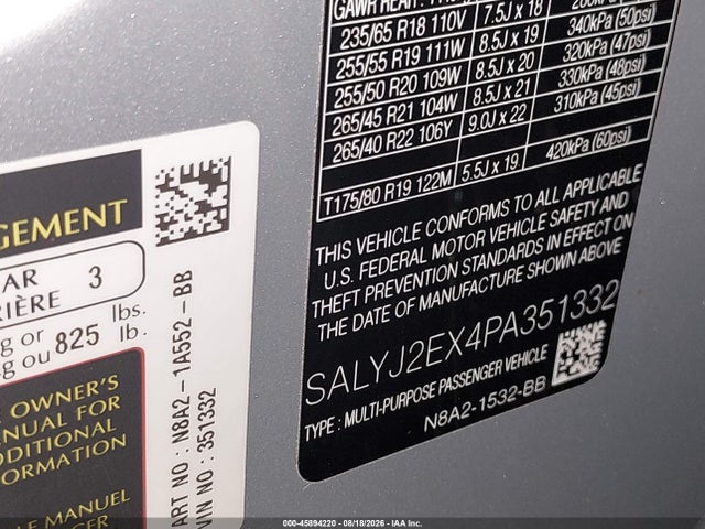 Aukcja sprzedaży 2023 Land Rover Range Rover Velar P250 S, vin: SALYJ2EX4PA351332, numer aukcji: 45894220