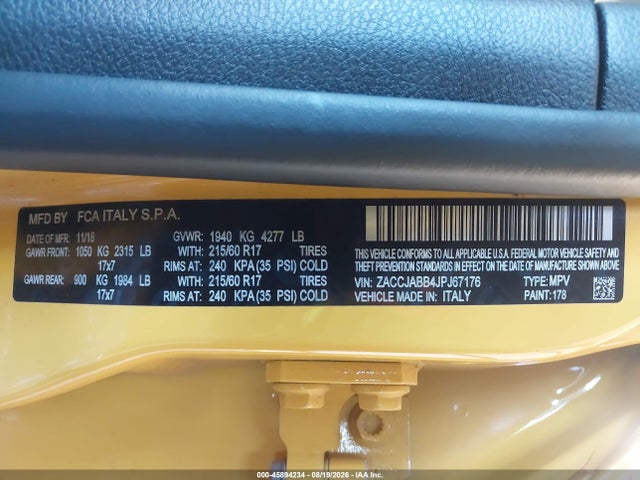 45894234 :رقم المزاد ، ZACCJABB4JPJ67176 vin ، 2018 Jeep Renegade Latitude Fwd مزاد بيع