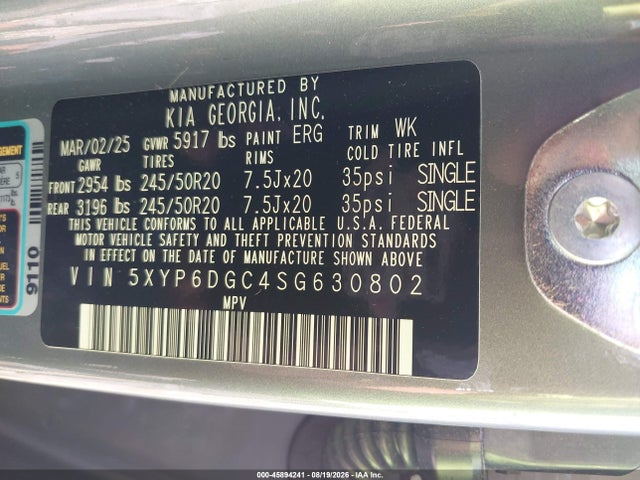 2025 Kia Telluride S მანქანა იყიდება აუქციონზე, vin: 5XYP6DGC4SG630802, აუქციონის ნომერი: 45894241
