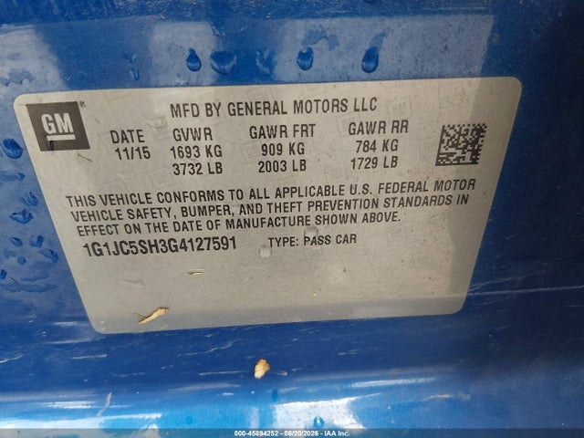 2016 Chevrolet Sonic Lt Auto მანქანა იყიდება აუქციონზე, vin: 1G1JC5SH3G4127591, აუქციონის ნომერი: 45894252
