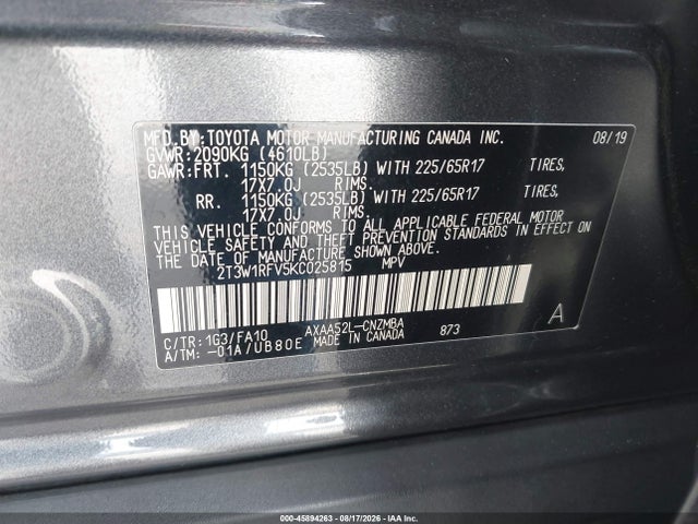 2019 Toyota Rav4 Xle მანქანა იყიდება აუქციონზე, vin: 2T3W1RFV5KC025815, აუქციონის ნომერი: 45894263