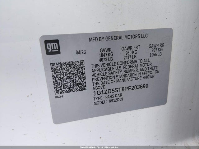 2023 Chevrolet Malibu Fwd 1lt მანქანა იყიდება აუქციონზე, vin: 1G1ZD5ST8PF203699, აუქციონის ნომერი: 45894264
