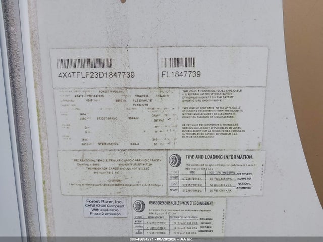 45894271 :رقم المزاد ، 4X4TFLF23D1847739 vin ، 2013 Forest River Flagstaff Lite Weight Trailers مزاد بيع