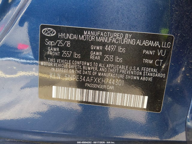 2019 Hyundai Sonata Sport მანქანა იყიდება აუქციონზე, vin: 5NPE34AFXKH744301, აუქციონის ნომერი: 45894282