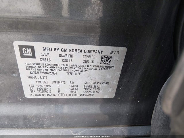 Продаж на аукціоні авто 2018 Chevrolet Trax Lt, vin: KL7CJLSB9JB725884, номер лоту: 45894284