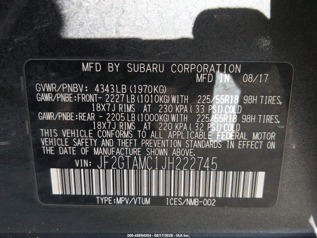 2018 Subaru Crosstrek 2.0i Limited მანქანა იყიდება აუქციონზე, vin: JF2GTAMC1JH222745, აუქციონის ნომერი: 45894304