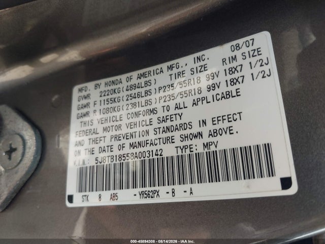 45894308 :رقم المزاد ، 5J8TB18558A003142 vin ، 2008 Acura Rdx مزاد بيع