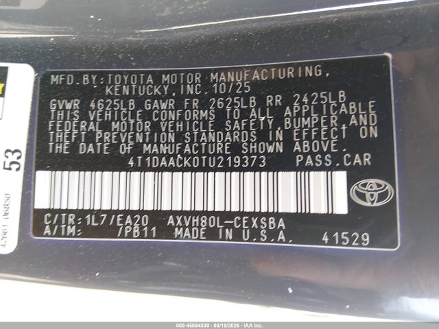 Aukcja sprzedaży 2026 Toyota Camry Se, vin: 4T1DAACK0TU219373, numer aukcji: 45894309