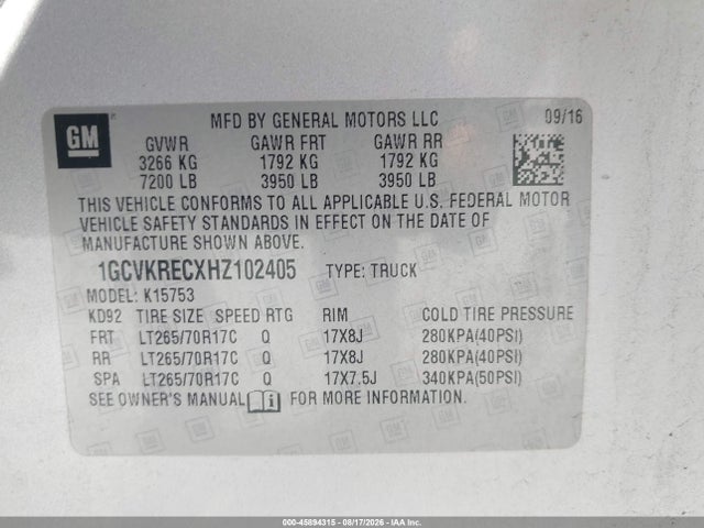 Aukcja sprzedaży 2017 Chevrolet Silverado 1500 Lt, vin: 1GCVKRECXHZ102405, numer aukcji: 45894315