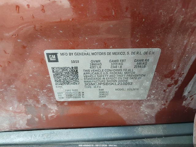 45894319 :رقم المزاد ، 3GNCJPSB5KL216053 vin ، 2019 Chevrolet Trax Lt مزاد بيع