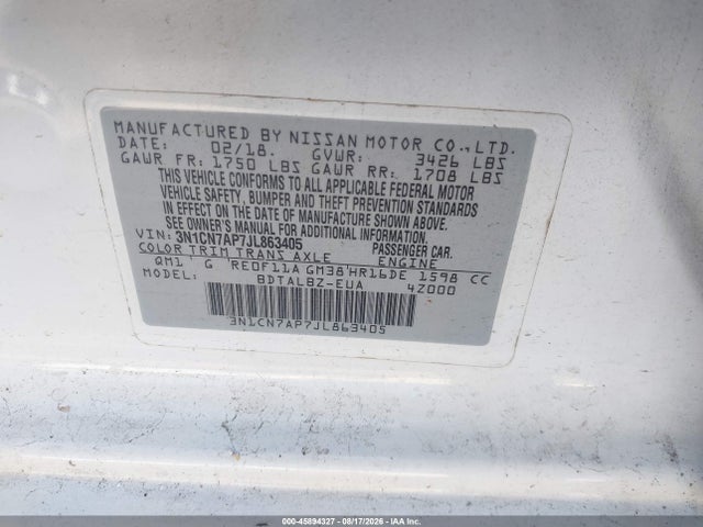 Продаж на аукціоні авто 2018 Nissan Versa 1.6 Sv, vin: 3N1CN7AP7JL863405, номер лоту: 45894327