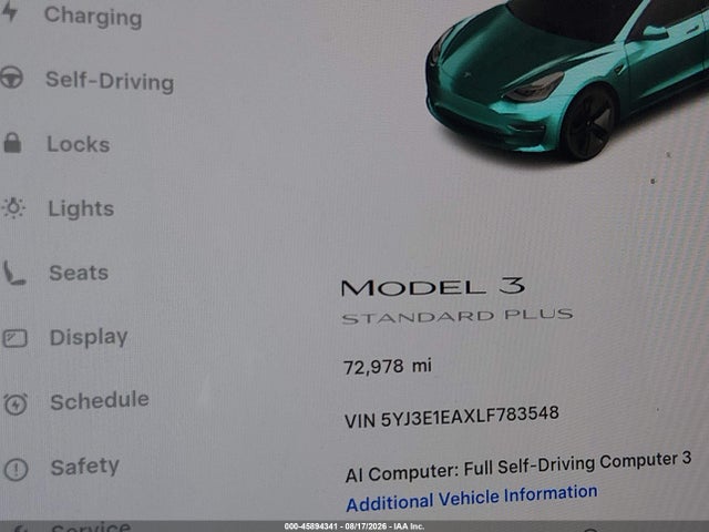 Aukcja sprzedaży 2020 Tesla Model 3 Standard Range Plus Rear-wheel Drive/standard Range Rear-wheel Drive, vin: 5YJ3E1EAXLF783548, numer aukcji: 45894341