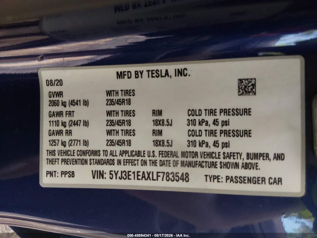 Aukcja sprzedaży 2020 Tesla Model 3 Standard Range Plus Rear-wheel Drive/standard Range Rear-wheel Drive, vin: 5YJ3E1EAXLF783548, numer aukcji: 45894341
