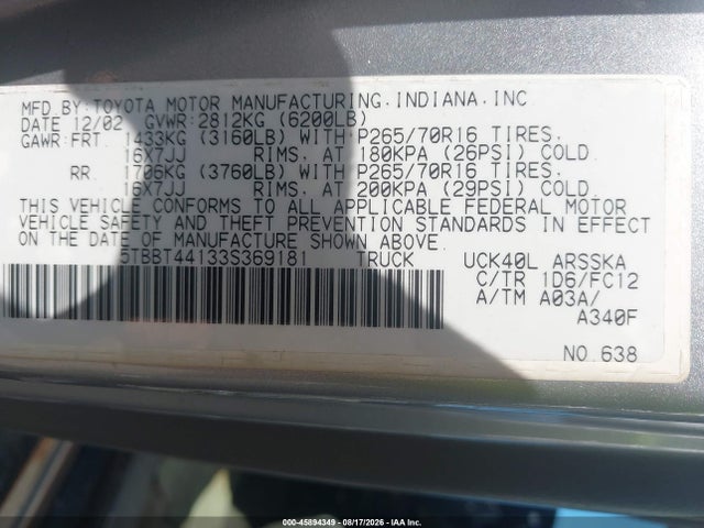 2003 Toyota Tundra Sr5 V8 მანქანა იყიდება აუქციონზე, vin: 5TBBT44133S369181, აუქციონის ნომერი: 45894349