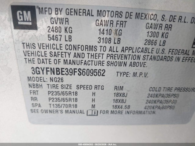 Aukcja sprzedaży 2015 Cadillac Srx Luxury Collection, vin: 3GYFNBE39FS609562, numer aukcji: 45894353