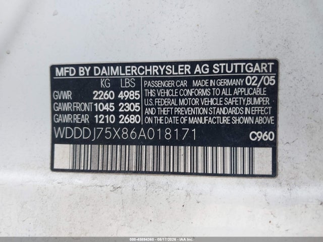 Aukcja sprzedaży 2006 Mercedes-benz Cls 500, vin: WDDDJ75X86A018171, numer aukcji: 45894360