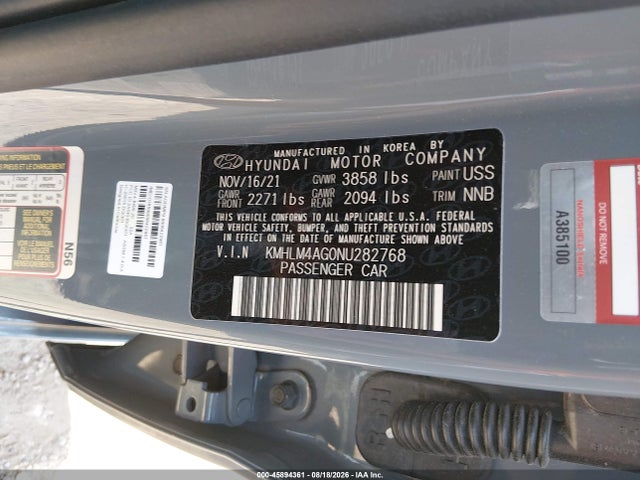 45894361 :رقم المزاد ، KMHLM4AG0NU282768 vin ، 2022 Hyundai Elantra Sel مزاد بيع