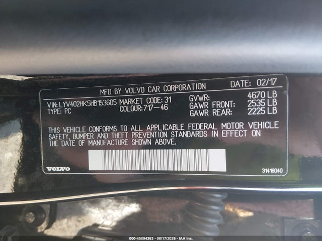 Aukcja sprzedaży 2017 Volvo S60 Inscription T5, vin: LYV402HK5HB153605, numer aukcji: 45894363
