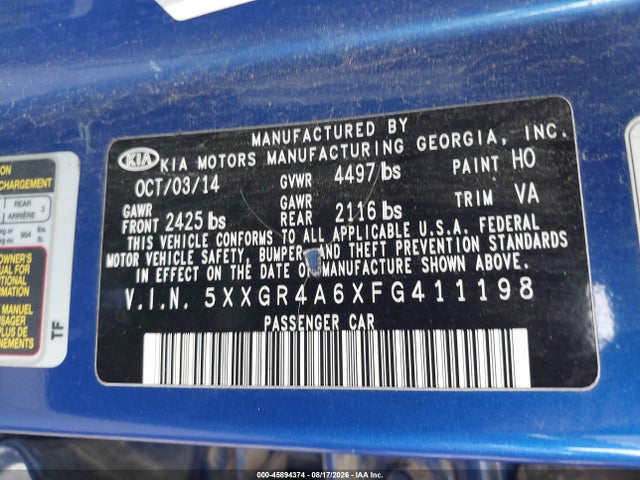 2015 Kia Optima Sx Turbo მანქანა იყიდება აუქციონზე, vin: 5XXGR4A6XFG411198, აუქციონის ნომერი: 45894374
