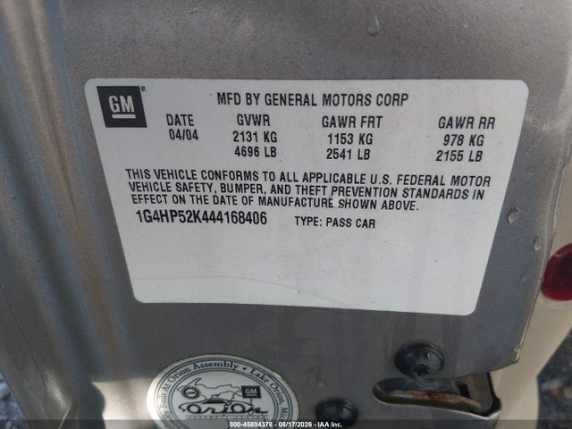 Продаж на аукціоні авто 2004 Buick Lesabre Custom, vin: 1G4HP52K444168406, номер лоту: 45894378