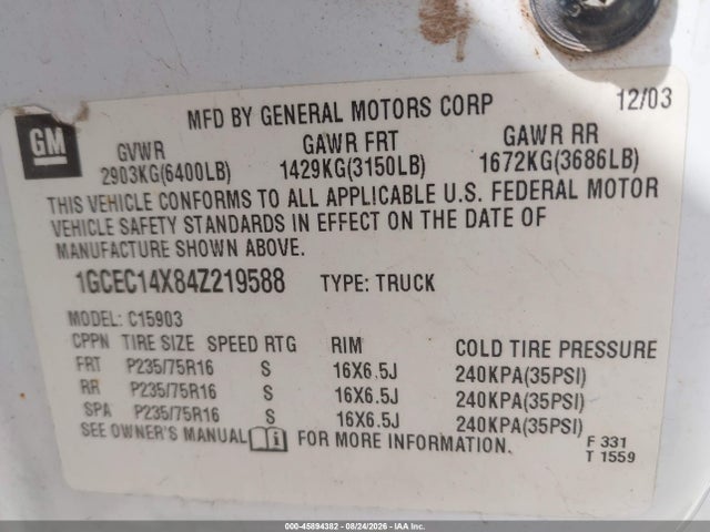 Auction sale of the 2004 Chevrolet Silverado 1500 Work Truck, vin: 1GCEC14X84Z219588, lot number: 45894382