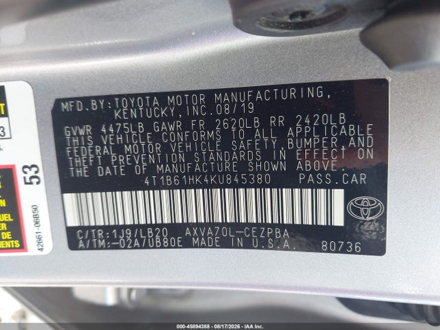 Aukcja sprzedaży 2019 Toyota Camry Xse, vin: 4T1B61HK4KU845380, numer aukcji: 45894388