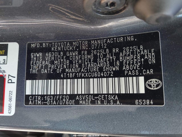 2012 Toyota Camry Se მანქანა იყიდება აუქციონზე, vin: 4T1BF1FKXCU604072, აუქციონის ნომერი: 45894397
