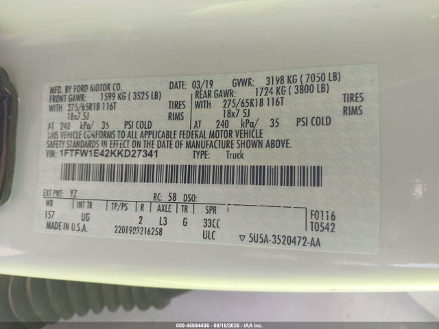 45894406 :رقم المزاد ، 1FTFW1E42KKD27341 vin ، 2019 Ford F-150 Xlt مزاد بيع