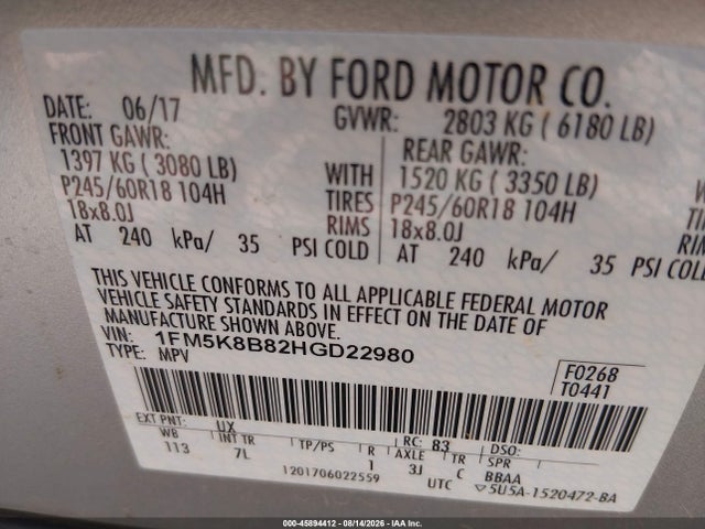 Продажа на аукционе авто 2017 Ford Explorer, vin: 1FM5K8B82HGD22980, номер лота: 45894412