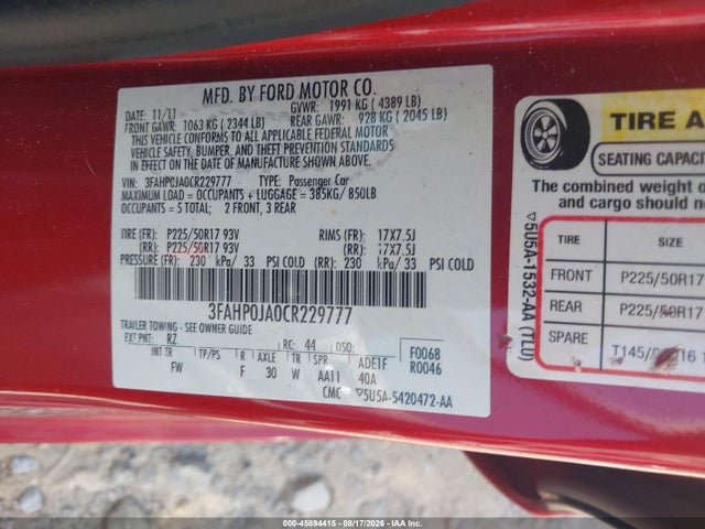 45894415 :رقم المزاد ، 3FAHP0JA0CR229777 vin ، 2012 Ford Fusion Sel مزاد بيع
