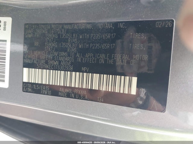 2026 Toyota Sienna Xle მანქანა იყიდება აუქციონზე, vin: 5TDYRKEC1TS302938, აუქციონის ნომერი: 45894420