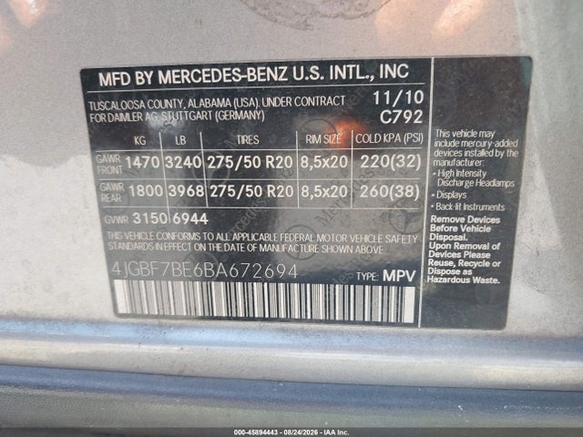 45894443 :رقم المزاد ، 4JGBF7BE6BA672694 vin ، 2011 Mercedes-benz Gl 450 4matic مزاد بيع