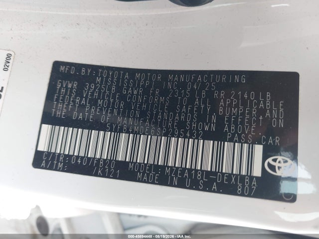 5YFB4MDE6SP295432 Toyota COROLLA LE