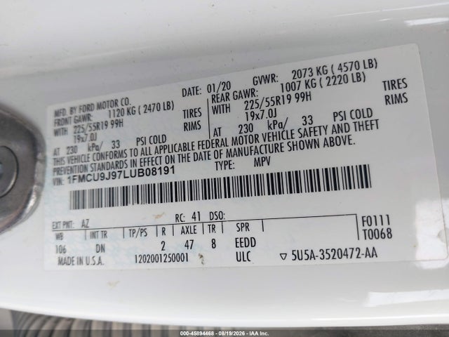 45894468 :رقم المزاد ، 1FMCU9J97LUB08191 vin ، 2020 Ford Escape Titanium مزاد بيع