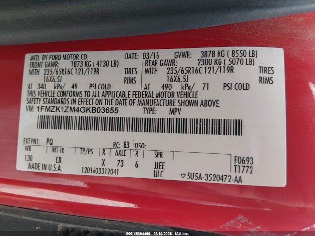 Продажа на аукционе авто 2016 Ford Transit-150 Xl, vin: 1FMZK1ZM4GKB03655, номер лота: 45894469