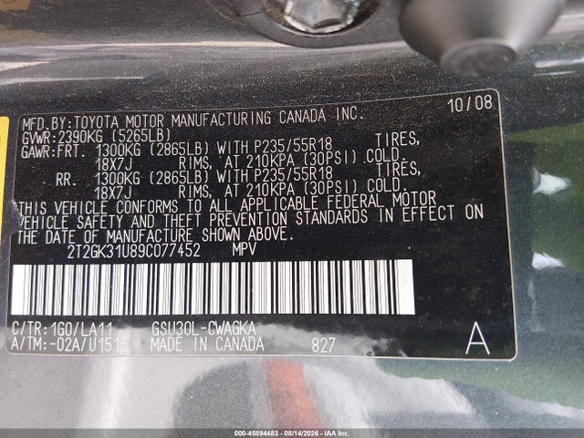 45894483 :رقم المزاد ، 2T2GK31U89C077452 vin ، 2009 Lexus Rx 350 مزاد بيع