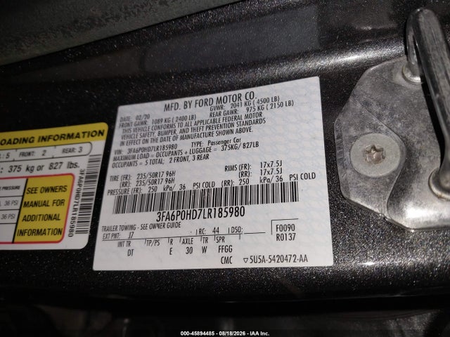 Aukcja sprzedaży 2020 Ford Fusion Se, vin: 3FA6P0HD7LR185980, numer aukcji: 45894485