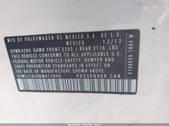 45894488 :رقم المزاد ، 3VWLL7AJ9DM411840 vin ، 2013 Volkswagen Jetta 2.0l Tdi مزاد بيع
