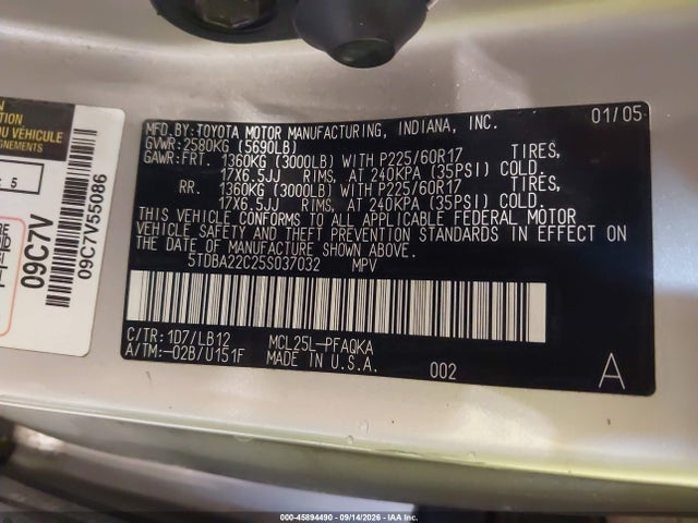 45894490 :رقم المزاد ، 5TDBA22C25S037032 vin ، 2005 Toyota Sienna Xle Limited مزاد بيع