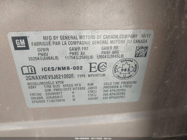 45894502 :رقم المزاد ، 2GNAXHEV9J6210826 vin ، 2018 Chevrolet Equinox Ls مزاد بيع