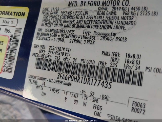 Aukcja sprzedaży 2013 Ford Fusion Se, vin: 3FA6P0HR1DR177435, numer aukcji: 45894505