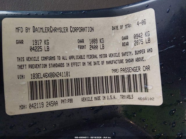 Aukcja sprzedaży 2006 Dodge Stratus Sxt, vin: 1B3EL46X86N241181, numer aukcji: 45894511